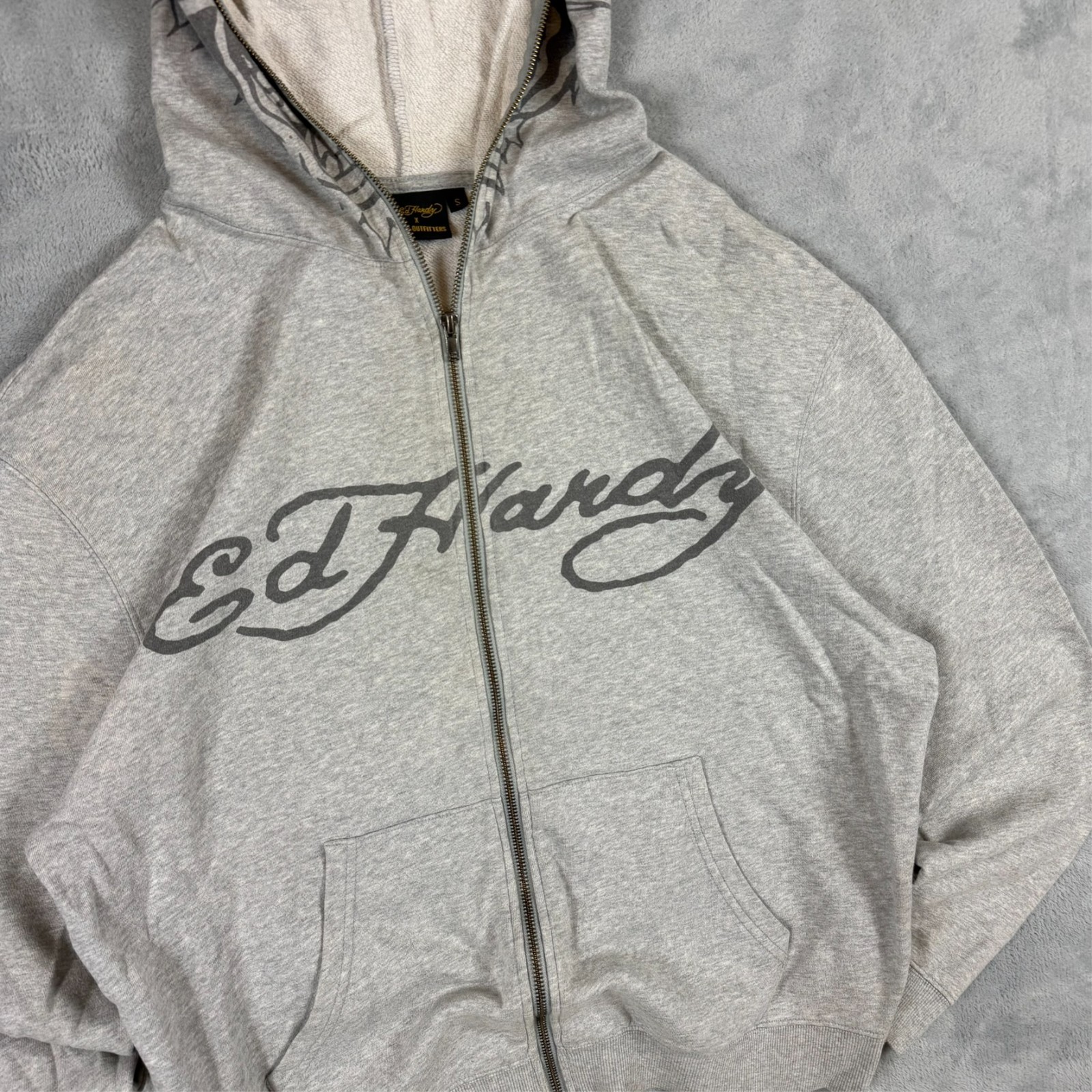 Vintage Ed Hardy Love Kills Slowly Grey Oversized Size Small Full Zip Hoodie image 2