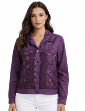 Coldwater Creek Purple Plum Silk Blend Floral Lace Button Jacket Womens Medium
