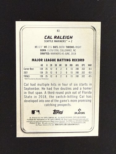 Bowman Platinum Cal Raleigh RC 2022 Rainbow #83 Seattle Mariners - Imagen 2 de 2