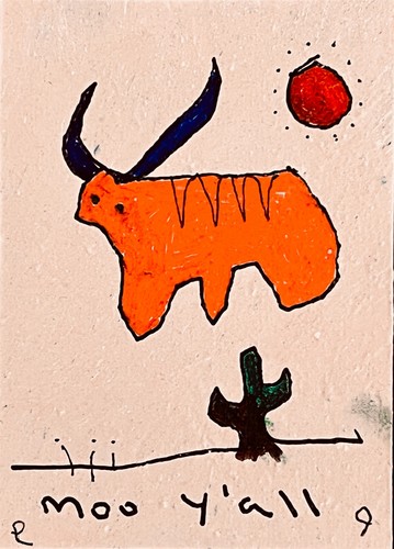 e9Art ACEO 'moo y'all' steer western cow desert cattle cactus childlike outsider