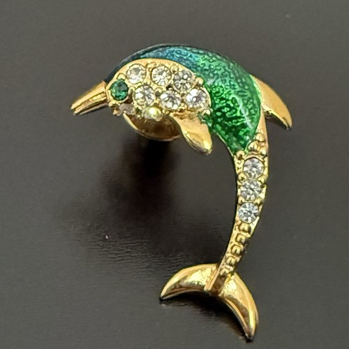 Vintage KREMENTZ Gold Plated Green Enamel Crystal Dolphin Lapel Pin Brooch 3g.