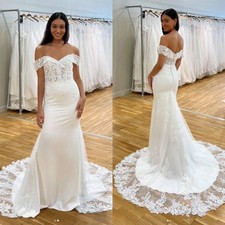 Mermaid Wedding Dresses Off Shoulder Lace Applique Sweep Train Bridal Gown
