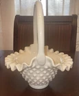 Fenton Vintage White Milk Glass Hobnail Crimped Edge Basket