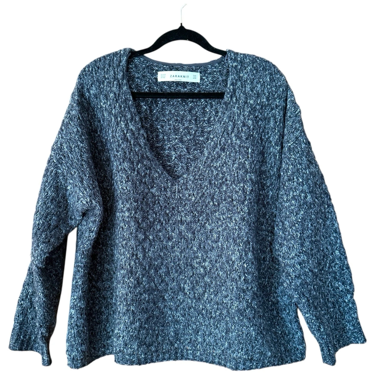 Zara Oversized Knit Jumper Womens M Grey Marle V Neck Chunky Sweater