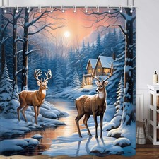 Winter Christmas Shower Curtain, Pine Forest Deer Snow Tree Fabric Shower Cur...
