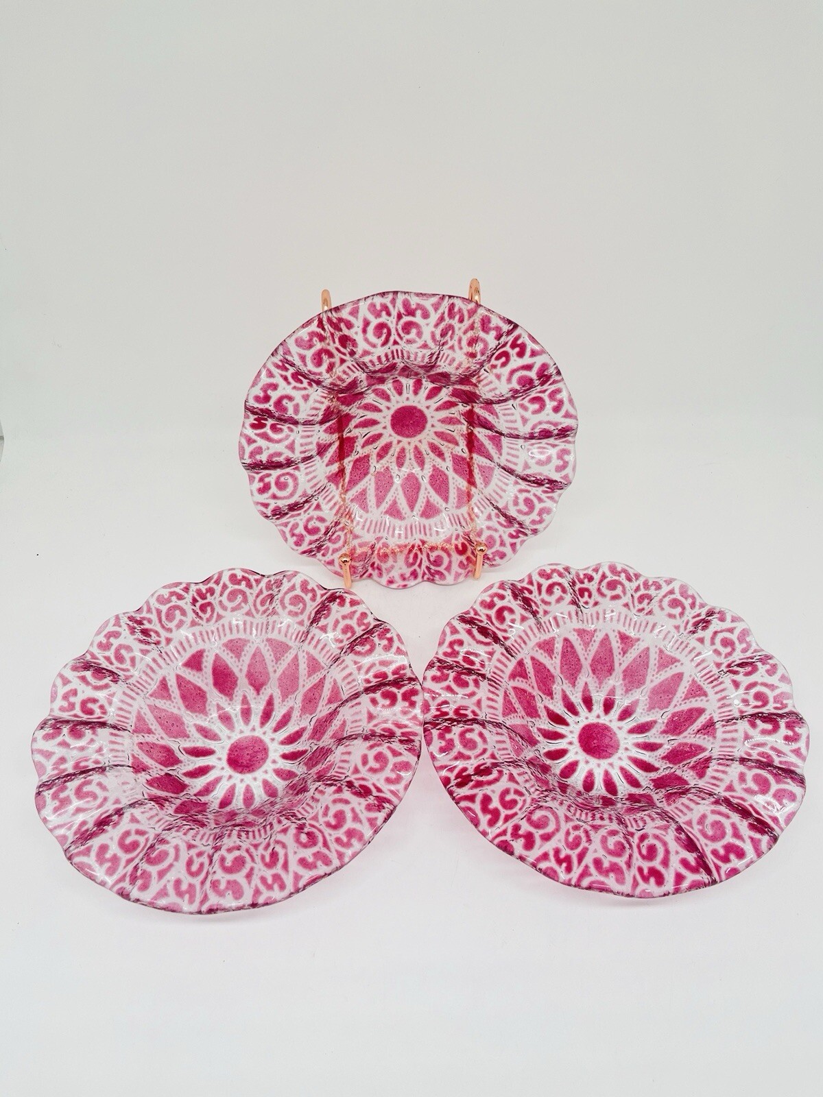 Vintage Set of 3 Signed Sydenstricker Lace Ruffle Cranberry Salad Bowls 6.75in