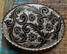VTG Western Belt Buckle Silver-tone etched Floral Western USA enamel