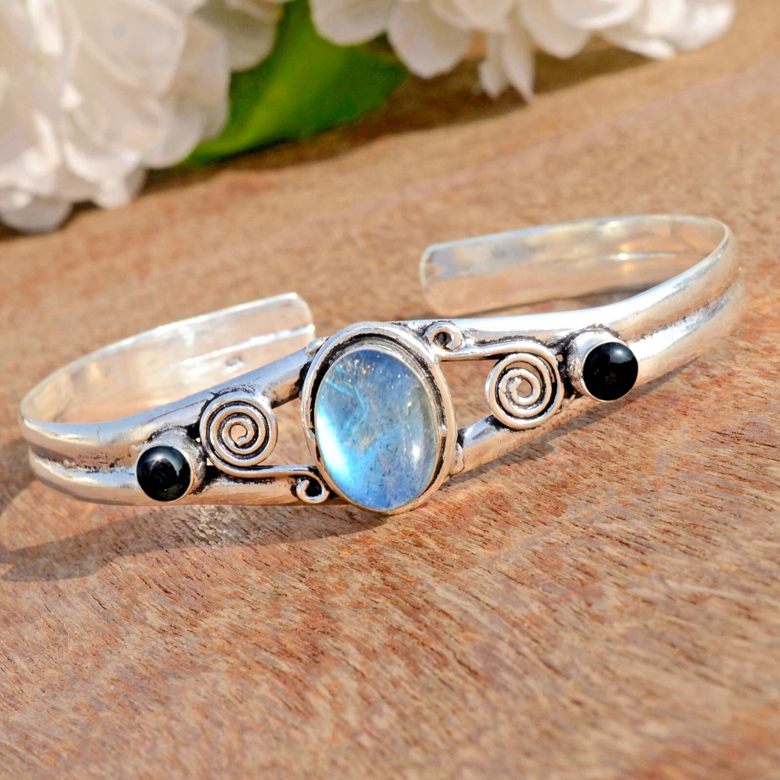 VALENTINO Bracciale in argento sterling 925 con pietre preziose in labradorite e onice nera per amante