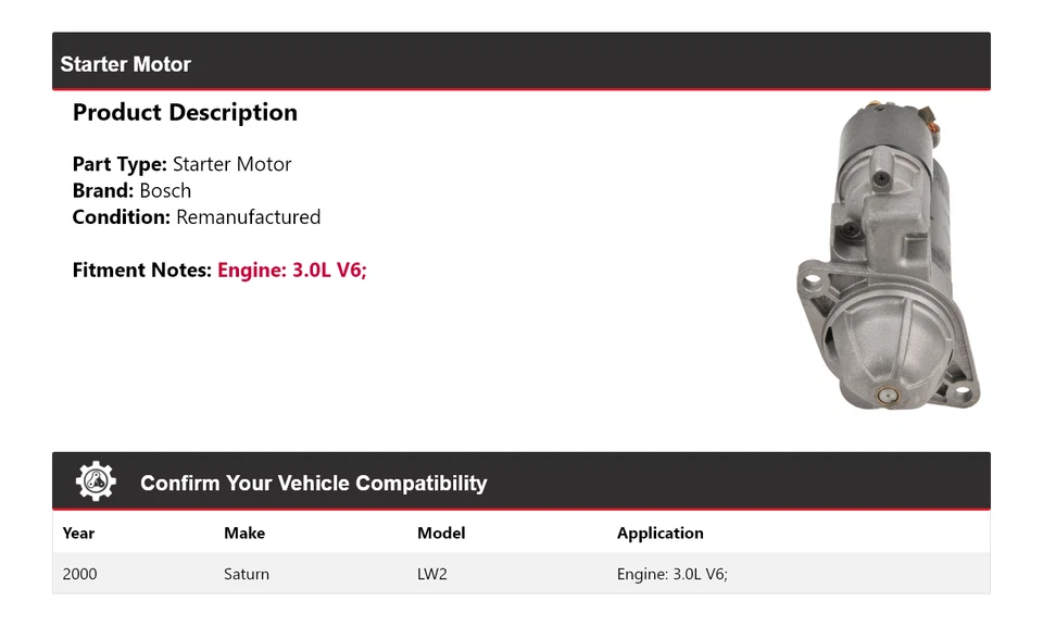 Arrancador Bosch Saturn LW2 2000 3,0 L V6 (remanufacturado) Foto 2 de 4