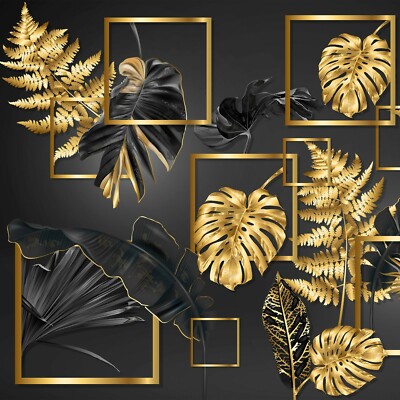 FOTOTAPETE 3D Schwarz Gold Botanisch GLANZ Ornament ART DECO TAPETE Geometrisch
