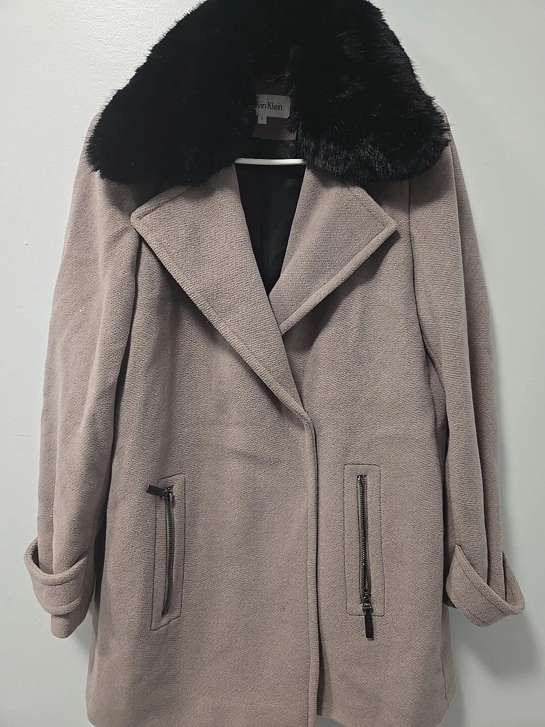 VETEMENTS Cappotto Calvin Klein grigio misto lana snap rimovibile collo pelliccia sintetica donna Talla L