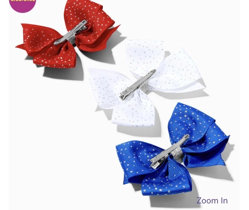 Claire’s Red, White, & Blue Glitter Bow Hair Clips - 3 Pack Mini Cheer Birthday - Image 2 of 4