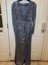 Mac Duggal Gown Dress Size 12 Blue Sequin Headed Puff Sleeve Side Knot 5641 $598