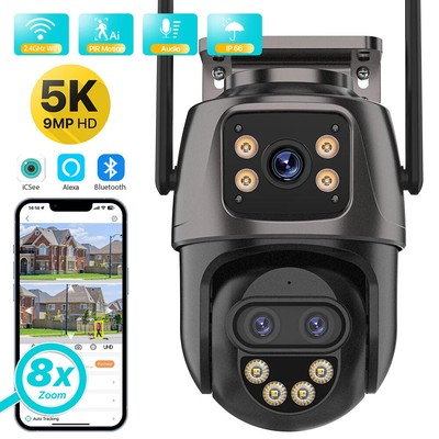 PTZ Camera 9MP 5K HD Three Lens Dual Screen WIFI IP Auto Tracking 2Way Audio P2P