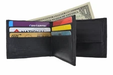 Mens Bifold Leather Wallet Front/Back 2 ID Center Flap with Secure Coin Pocket