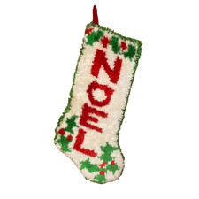 Vtg Latch Hook Christmas Shag Stocking Noel Holly Berry Handmade Complete Large
