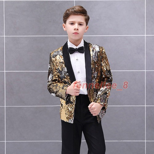Boys Kids Children Reversible Two Tone Glitter Sequin Suit Jacket Blazer Outwear - Picture 4 of 20