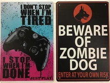 8x12 TIN SIGN 2 pc SET Gamer video games funny zombie dog beware teen man cave