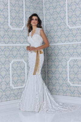 chinese dress ladies White Lace Queen Anne Mermaid Long Wedding Dress with Slit – Modsele