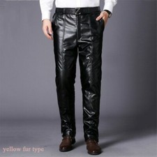 Winter Warm Men Leather Pants PU Trousers Thickened Fur Lining Casual Black SPW