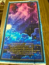 BIBLE SCRIPTURE “IN THE BEGINNING…” GOLD PRINT STARS CLOUDS COTTON FABRIC PANEL