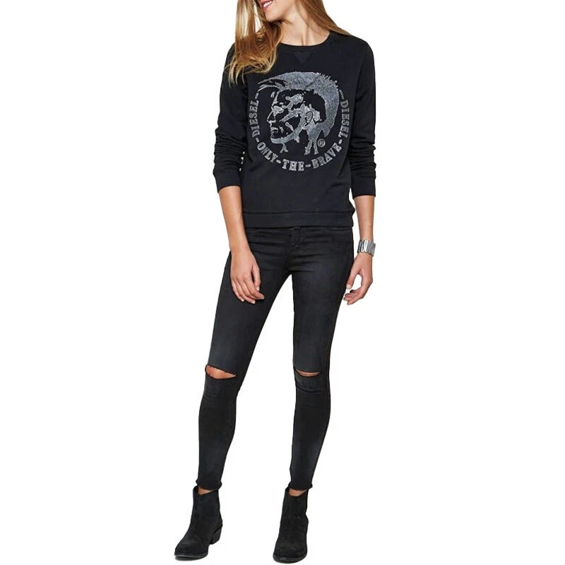 DIESEL Womens Summer Jumper Round Neck Black S M Mohawk Print Casual  Sweatshirts