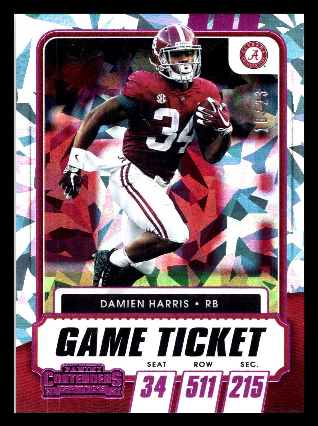 2021 Contenders Draft Picks Game Ticket Pink Cracked Ice /23 Damien Harris #67
