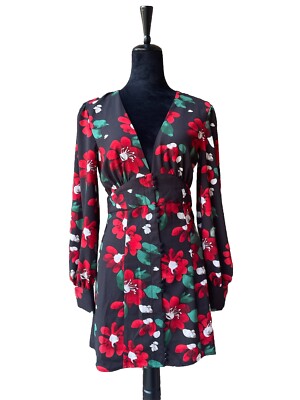 Urban Outfitters Michelle Plunging Long Sleeve Red Flowers Mini Dress Black  Sz M | eBay