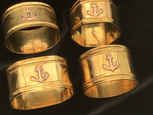 set of 4 Vintage napkin rings nautical -brass with raised copper anchor navy dec