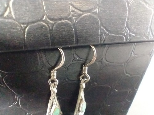 Turquoise Sterling Silver Teardrop Filigree Earrings Enhanced Stamped 925 VTG - Picture 2 of 4