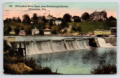 #ad 1907 1912 Milwaukee River Wisconsin WI North Avenue Dam Swimming School Postcard $6.00