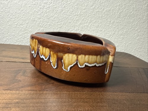 Vintage Brown Drip Glaze Mid Century Modern Triangular Ashtray with Lip