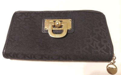 DKNY Donna Karan Black Logo Signature Canvas Zip Around Wallet 7.5'' X 4''