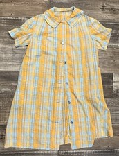 1960s Plaid Dress Yellow Blue Button Up Short Sleeve Cover Dress Collard XL
