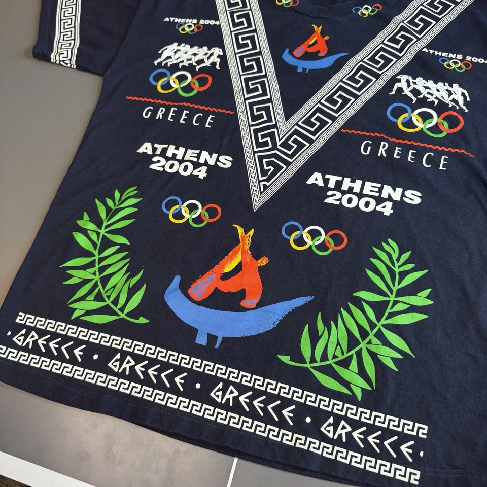 Vintage Athens Greece 2004 Olympics T Shirt Large AOP Blue Greek - Image 3 of 4