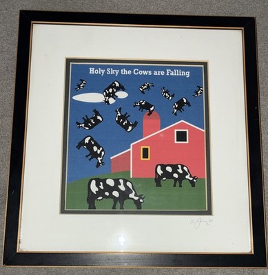 HOLY SKY THE COWS ARE FALLING Framed Signed Print- Style of WOODY JACKSON