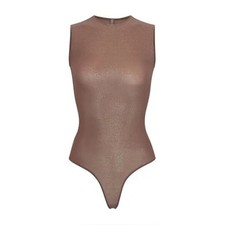 Skims Shimmer Crew Neck Bodysuit Size Small Tan Sparkly Night Out Thong Sheer