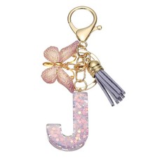 Alphabet J Tassel Butterfly Initial Letter Keychain Purple, Pack of 1 