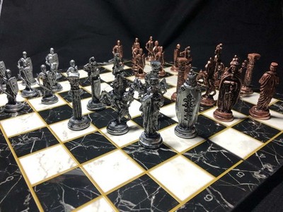 Chess Set w Board Crafted Crusaders X Large Giant Antique Pieces   Christmas