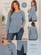 Women's Blue Ribbed Button-Accent Long Sleeve Top