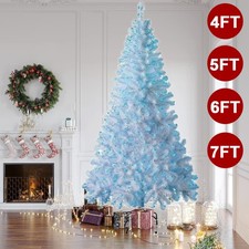 4/5/6/7ft White Christmas Tree With Blue LED Lights Metal Stand Bushy Pine Xmas