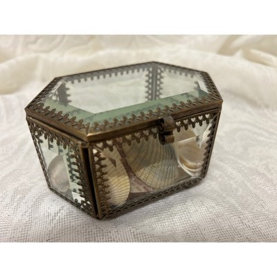 Vintage Brass Filigree Hexagon Glass Jewelry Box Beveled Mirror Trinket Casket