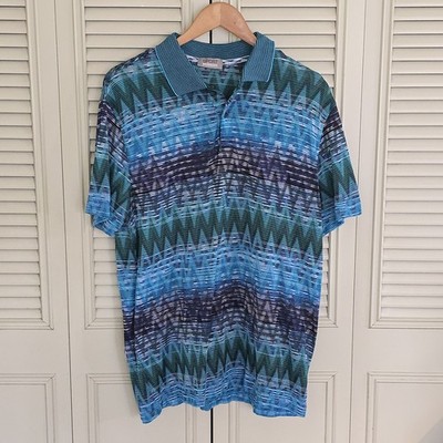 Missoni Sport Polo Shirt Men's Medium Italy Blue Geometric Sheer Knit *read*
