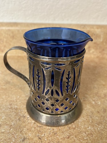 Royal Sapphire and Silver Cream Pitcher 8 oz Cobalt silver plate Creamer 2pc - Picture 6 of 9
