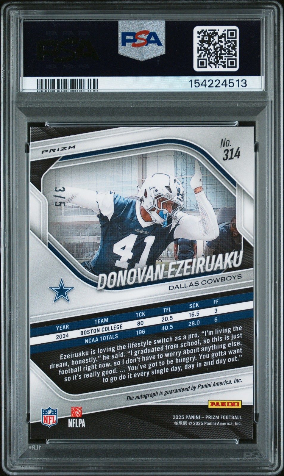 2025 PANINI PRIZM AUTO-GOLD VINYL #314 DONOVAN EZEIRUAKU ROOKIE RC 3/5 PSA 9 view 2