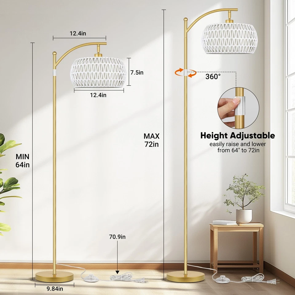 Lámpara de Pie Boho con Bombilla Regulable, Ratán Blanco y Lino Doble Tonos, Boho S... Foto 3 de 4