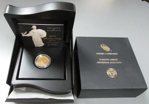 2016 W GOLD STANDING LIBERTY QUARTER 25c CENTENNIAL OGP BOX & COA