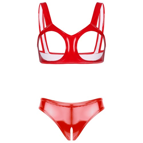 Damen BH Tops mit Slip 2 Stück Aushöhlen Wetlook PVC Leder Dessous Sets - Bild 12 von 27