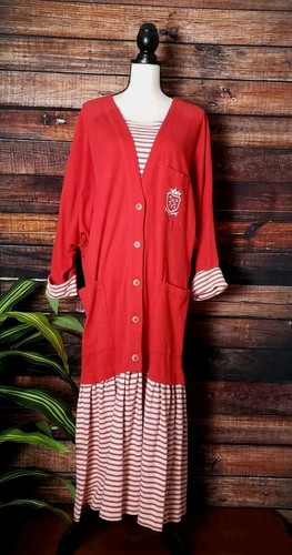Karen Kane Dress Size 12 US Made Drop Waist Cotton Red Striped Vintage 80s
