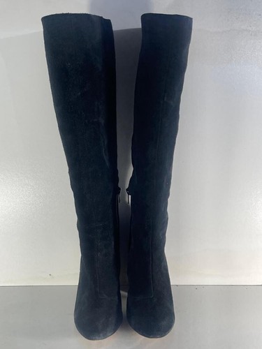 Papaya Damen Schwarz Wildlederimitat Zum Überziehen Absatz Kniehohe Stiefel UK 6 EUR 39 -B2 - Bild 2 von 9